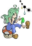  cap cosplay crossover green_eyes green_hair hat kochiya_sanae long_hair luigi luigi_(cosplay) mushroom nintendo no_socks overalls parody shirtless shoe_dangle snake solo super_mario_bros. super_mushroom suspenders touhou yusaku88 