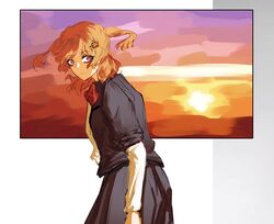  1girl aijou_karen black_shirt black_skirt bow bowtie closed_mouth commentary crown_hair_ornament dusk floating_hair hashtag-only_commentary highres layered_sleeves lesbian_flag long_sleeves orange_hair qisu_zhang red_bow red_bowtie shirt short_over_long_sleeves short_sleeves shoujo_kageki_revue_starlight skirt smile solo sunset two_side_up violet_eyes white_background 