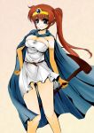  adult blue_eyes blush breasts brown_hair cape cleavage colored cosplay dragon_quest dragon_quest_iii elbow_gloves frapowa gloves large_breasts long_hair lyrical_nanoha mahou_shoujo_lyrical_nanoha mahou_shoujo_lyrical_nanoha_strikers sage_(dq3) sage_(dq3)_(cosplay) simple_background smile solo staff takamachi_nanoha 
