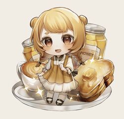  1girl :d absurdres black_footwear blonde_hair blush bread bread_slice brown_hair chibi chibi_only coffee collared_shirt commentary_request dress drink food hi_hiiii highres honey jar looking_at_viewer minimized open_mouth original shirt short_twintails smile sparkle toast twintails white_shirt yellow_dress 