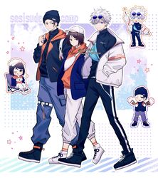  1girl 2boys :q absurdres black_footwear black_hat black_jacket black_pants blue_jacket brown_eyes brown_hair chibi closed_mouth food getou_suguru gojou_satoru grey_pants hat highres hood hoodie ieiri_shoko jacket jujutsu_kaisen long_sleeves multiple_boys oomisou pants red_hoodie shoes short_hair smile sneakers tongue tongue_out track_jacket white_footwear white_hat white_jacket white_pants 