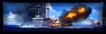  battle battleship cannon cloud clouds crew dakimakura fire firing flag highres imperial_japanese_navy mikasa_(battleship) nogami_takeshi ship sky smoke soukai_no_seiki water 