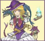  blonde_hair bow braid creature dress fingerless_gloves fire gloves gogo/tad grin hair_bow hat horns kirisame_marisa mini-hakkero rod short_sleeves smile solo touhou witch witch_hat yellow_eyes 