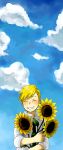  alphonse_elric blonde_hair blush flower fullmetal_alchemist highres long_image male nyo_(couch_tomato) short_hair sky smile solo sunflower tall_image 