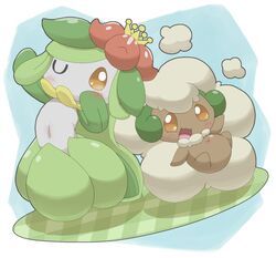  blue_background blush carpet cotton flower lilligant looking_at_viewer navel no_humans no_mouth open_eyes open_mouth pokemon_(creature) whimsicott white_background winking 