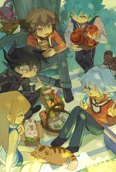  1girl 4boys absurdres apple bare_legs basket black_hair black_jacket black_pants black_socks blonde_hair blue_hair blue_skirt brown_hair cat chi_chi3939 denim duel_monster food fruit glasses highres holding holding_basket holding_food holding_fruit holding_popsicle indian_style jacket jeans johan_andersen kuriboh long_hair manjoume_jun marufuji_sho miniskirt multiple_boys on_grass outdoors pants pharaoh_(cat) picnic picnic_basket picnic_blanket pointing pointing_at_self popsicle red_jacket round_eyewear shoes short_hair sitting skirt smile socks tenjouin_asuka tree unworn_shoes yu-gi-oh! yu-gi-oh!_gx yuki_judai 