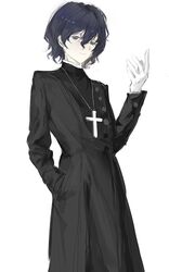  1boy absurdres alternate_costume black_coat blue_hair cassock chinese_commentary coat commentary_request cross cross_necklace dark_blue_hair gloves grey_eyes hair_between_eyes hand_in_pocket hand_up highres jewelry long_sleeves male_focus necklace priest saibou_shinkyoku short_hair simple_background solo utsugi_noriyuki white_background white_gloves xinjinjumin416155831102 