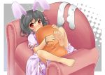  animal_ears barefoot black_hair blush bracelet bunny_ears couch feet footwear inaba_tewi jewelry looking_at_viewer niji_sugi pillow pillow_hug red_eyes short_hair shy socks solo themed_object toe_scrunch touhou 