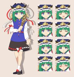  1girl 4rion :d :o absurdres angry ankle_socks black_footwear black_skirt blue_eyes blue_hat blue_vest bow buttons closed_eyes closed_mouth commentary_request epaulettes expressions frilled_hat frills full_body gold green_hair happy hat hat_ribbon highres holding loafers long_sleeves looking_at_viewer medium_hair miniskirt open_mouth parted_lips puffy_sleeves red_bow red_ribbon ribbon ribbon-trimmed_skirt ribbon_trim rod_of_remorse shiki_eiki shoes simple_background skirt smile socks standing tachi-e touhou v-shaped_eyebrows vest white_bow white_ribbon white_sleeves white_socks worried 