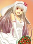  bare_shoulders bouquet bridal_veil dress elbow_gloves flower fujiwara_no_mokou fukunaga_kazuhiro gloves gradient_hair highres long_hair multicolored_hair open_mouth red_eyes red_rose rose silver_hair smile solo touhou veil very_long_hair wedding_dress wedding_veil 