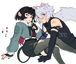  1boy 1girl animal_ears black_gloves black_hair blush cat_boy cat_ears cat_tail closed_mouth couple fingerless_gloves gloves green_eyes hawberries hetero jane_doe_(zenless_zone_zero) looking_at_viewer mouse_ears mouse_girl mouse_tail scar scar_on_arm seth_lowell short_hair simple_background tail violet_eyes white_background white_hair zenless_zone_zero 