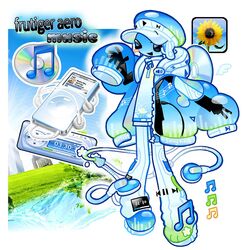  1other apple_inc. bomal1215 building cable clothes_writing commentary digital_media_player earphones earphones flower frutiger_aero full_body grass hat highres ipod ipod_nano itunes jacket microsoft_windows musical_note one_eye_closed open_clothes open_jacket original other_focus solo standing sunflower symbol-only_commentary water windows_media_player zipper 