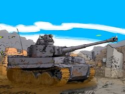  blue_sky cannon day dust_cloud furry gun highres machine_gun military_vehicle motor_vehicle original ruins sky tank tiger_i vehicle_focus weapon yabarn 