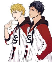  2boys a_jou aomine_daiki arm_up basketball_uniform black_hair black_hood blonde_hair commentary dark-skinned_male dark_skin drawstring ear_piercing earrings finger_to_mouth from_side hand_in_pocket hood hood_down jacket jersey jewelry kise_ryouta kuroko_no_basuke long_sleeves looking_to_the_side male_focus multicolored_clothes multicolored_jacket multiple_boys open_mouth piercing simple_background sportswear teeth tongue upper_teeth_only vorpal_swords_uniform white_background yellow_eyes 