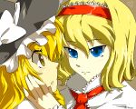  alice_margatroid artrica blonde_hair blue_eyes brown_eyes eye_contact face hairband hand_on_another's_face hand_on_face hat heart kirisame_marisa looking_at_another multiple_girls oekaki sweatdrop touhou tsurime witch_hat 