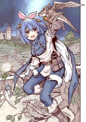  1girl :d alternate_costume animal_ears arm_up bad_id bad_twitter_id belt belt_pouch blue_cape blue_hair blue_pants boots brown_belt brown_footwear brown_gloves cape carrot commentary dragon full_body gloves hashtag-only_commentary highres holding holding_wand hololive knee_boots leaf long_sleeves multicolored_hair multiple_views night night_sky open_mouth outdoors pants pouch rabbit_ears rabbit_girl red_eyes road shirt short_hair sky smile standing standing_on_one_leg star_(sky) starry_sky thick_eyebrows tree two_side_up usada_pekora virtual_youtuber wand white_hair white_shirt yurai0739 