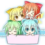  &gt;_&lt; =_= achi_cirno alternate_color alternate_element alternate_hair_color alternate_wings bad_id blonde_hair blue_dress blue_hair blush bow box chibi cirno dress electricity fairy fire for_adoption green_dress green_hair hachiyo_yashiro hair_bow hair_ornament hapa_cirno ikazu_cirno in_container leaf mizu_cirno multiple_girls no_mouth red_dress red_hair redhead short_hair sweatdrop touhou water wings yashiro_yashiro yellow_dress 