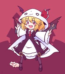  216 :3 :d alternate_costume bat_wings belt belt_buckle black_dress black_footwear black_pantyhose black_wings blonde_hair bow buckle chibi clock clock_tower collared_shirt commentary_request cosplay dress eyes_visible_through_hair fake_wings fang full_body hair_between_eyes head_wings koakuma koakuma_(cosplay) looking_at_viewer necktie o_o outstretched_arms pantyhose pig red_bow red_eyes red_necktie red_theme rumia scarlet_devil_mansion shirt shirt_under_dress short_hair smile split_mouth spread_arms tape touhou touhou_lostword tower white_shirt wide_sleeves wings 