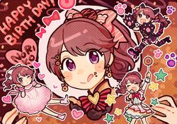  1girl animal_ears animal_hands black_footwear bow cat_ears cat_paws doughnut_earrings doughnut_hair_ornament dress earrings eyelashes fang food food-themed_hair_ornament food_on_face hair_ornament happy_birthday highres idolmaster idolmaster_cinderella_girls jewelry kinakotatu licking_lips multiple_views paw_print pink_dress pink_footwear ponytail red_bow running shiina_noriko star_(symbol) tongue tongue_out violet_eyes 