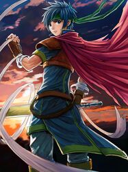  1boy absurdres belt blue_hair blue_pants blue_tunic brown_belt brown_gloves cape closed_mouth feet_out_of_frame fire_emblem fire_emblem:_path_of_radiance gloves green_headband headband highres holding holding_bandages holding_sword holding_weapon ike_(fire_emblem) kotatsumuri_(yaugau) male_focus pants red_cape serious short_sleeves solo sunset sword tunic weapon 