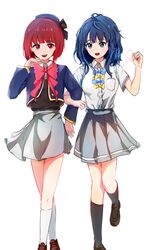  2girls absurdres arima_kana beret black_bow black_socks black_sweater_vest blue_bow blue_bowtie blue_eyes blue_hair blue_hat blue_jacket bob_cut bow bowtie breasts brown_footwear chinese_commentary collared_shirt commentary_request cropped_jacket dress_shirt grey_skirt hand_up hat hat_bow highres huijin inverted_bob jacket kneehighs loafers locked_arms long_sleeves make_heroine_ga_oo_sugiru! medium_breasts medium_hair multiple_girls open_mouth oshi_no_ko pink_bow pink_bowtie pleated_skirt red_eyes redhead season_connection shirt shoes short_hair short_sleeves simple_background skirt socks sweater_vest teeth upper_teeth_only white_background white_shirt white_socks yanami_anna yellow_bow yellow_bowtie 