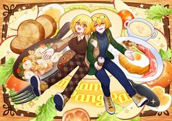  1boy 1girl apple apple_slice blonde_hair breasts broccoli brown_pants brown_sweater_vest cherry_tomato don_quixote_(project_moon) eyewear_on_head food fork fruit frying_pan full_body glasses gredell_elle hamhampangpang highres large_breasts lettuce limbus_company mushroom open_mouth pants pasta pepper_(spice) plaid_clothes plaid_pants project_moon rosti_(food) sandwich shrimp sinclair_(project_moon) smile stew sweater_vest tomato tomato_slice yellow_eyes zwei_association_(identity)_(project_moon) 
