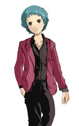  1girl absurdres akiyama_shun akiyama_shun_(cosplay) aqua_hair blue_hair cosplay highres isbaude non-web_source pant_suit pants persona persona_3 red_suit ryuu_ga_gotoku_(series) ryuu_ga_gotoku_4 ryuu_ga_gotoku_5 short_hair striped_suit suit watch watch white_background yamagishi_fuuka 