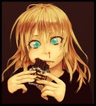  and aqua_eyes blonde_hair blood chocolate eating face long_hair mustard_seeds nosebleed original solo 