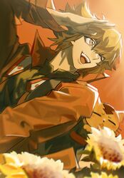  1boy black_shirt body_fur brown_eyes brown_hair cat highres jacket male_focus medium_hair one_eye_closed open_mouth pharaoh_(cat) red_background red_jacket sanzennn shirt solo_focus teeth upper_body upper_teeth_only yu-gi-oh! yu-gi-oh!_gx yuki_judai 