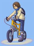  backpack bag bicycle blue_background boots brown_eyes brown_hair g_ryouta glasses jeans open_mouth original pants scarf short_hair simple_background smile solo sweater 