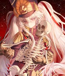  1girl aegyo_sal altair_(re:creators) armband belt_bag black_armband black_coat black_hat bone closed_mouth coat coat_dress colored_eyelashes epaulettes eyelashes frown gauntlets gold_trim hair_between_eyes hair_ribbon hat highres holding_skeleton lion_head_(ornament) long_bangs long_hair military_hat military_uniform raised_eyebrows re:creators red_armband red_background red_eyes red_ribbon ribbon ribs shako_cap sidelocks skeleton skull solo star_(sky) teeth twintails two-tone_armband two-tone_eyes uniform user_wram5347 white_hair 