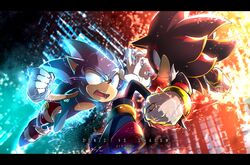  2boys angry animal_ears blue_eyes clenched_hands electricity fighting furry furry_male gloves glowing glowing_eyes hedgehog_boy highres male_focus multiple_boys open_mouth red_eyes shadow_the_hedgehog shoes sonic_(live_action) sonic_(series) sonic_the_hedgehog sonic_the_hedgehog_3_(film) str_lite teeth white_gloves 