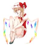  ascot bad_id bare_legs blonde_hair face flandre_scarlet hat homura_(aristocrat-y) legs no_socks red_eyes shoes side_ponytail simple_background sitting touhou wings 