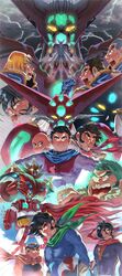  6+boys absurdres arm_blade armor aura bald benkei_kuruma black_hair blonde_hair blue_eyes blue_jumpsuit cape character_request coat energy getter-1 getter_arc getter_dragon getter_emperor getter_rays getter_robo getter_robo_(1st_series) getter_robo_arc getter_robo_g getter_robo_go getter_ten glowing glowing_eyes glowing_lines green_light grey_jumpsuit hair_between_eyes highres horns ichimonji_gou jin_hayato jumpsuit long_hair looking_at_viewer mecha mecha_request multiple_boys musashi_tomoe nagare_ryoma nagare_takuma pilot_suit red_armor red_eyes red_scarf robot scarf shin_getter-1 shin_getter_robo short_hair shou_kamui sideburns slllle1 smile spikes super_robot trench_coat weapon yamagishi_baku yellow_eyes 