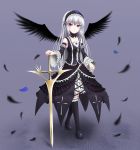  bare_shoulders black_feathers black_legwear black_thighhighs black_wings blue_rose detached_sleeves feathers flower gothic_lolita hairband highres lolita_fashion long_hair noron red_eyes rose rozen_maiden suigintou sword thigh-highs thighhighs weapon white_hair wings 