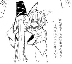  2girls alternate_costume chinese_commentary chinese_text commentary_request cropped_legs detached_sleeves dot_nose from_behind greyscale hair_between_eyes hair_ears hat hat_ribbon highres hug japanese_clothes kariginu long_hair long_sleeves monochrome mononobe_no_futo multiple_girls open_mouth ponytail ribbon shaded_face simple_background sketch sleeves_past_fingers sleeves_past_wrists straight_hair talking tate_eboshi touhou toyosatomimi_no_miko translation_request very_long_hair white_background wide_sleeves xingxunyou 