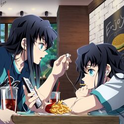  2boys alternate_costume aqua_eyes aqua_hair black_hair blue_shirt cellphone cola contemporary cup desk disposable_cup food food_in_mouth french_fries hana_ni_nare headphones highres holding holding_phone kimetsu_no_yaiba long_hair male_focus multicolored_hair multiple_boys phone shirt siblings smartphone t-shirt tokitou_muichirou tokitou_yuichirou twins two-tone_hair white_shirt 