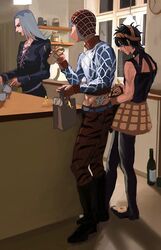  3boys animal_print argyle_clothes argyle_sweater bag bandaid black_hair black_lips boots bottle choker commentary_request cup eating food from_side full_body grey_hair guido_mista hairband hat headband highres holding holding_bag holding_cup holding_food indoors jojo_no_kimyou_na_bouken knee_boots leone_abbacchio lipstick long_hair makeup male_focus midriff multiple_boys narancia_ghirga orange_headband sara_(srsrmrmr) sex_pistols_(stand) shelf short_hair stand_(jojo) standing sweater tiger_print turtleneck vento_aureo watermark 