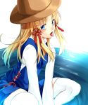  :p blonde_hair blue_eyes hat long_sleeves moriya_suwako ryou_(pixiv779953) ryou_(rmssre3783) short_hair sitting solo thigh-highs thighhighs tongue touhou water white_legwear zettai_ryouiki 