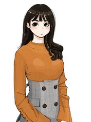  1girl black_hair brown_sweater buttons double-breasted expressionless green_eyes grey_skirt high-waist_skirt highres long_hair looking_at_viewer original own_hands_together sakamoto_giulietta simple_background skirt solo standing sweater white_background wide_sleeves 