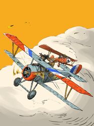  2boys aircraft airplane animal_ears biplane clouds cloudy_sky day dusk evening furry gun highres lewis_gun light_machine_gun machine_gun maxim_gun multiple_boys orange_sky original propeller sky weapon wheel yabarn 