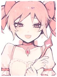  1girl blush border bow buttons choker collarbone commentary_request frilled_sleeves frills hair_bow half-closed_eyes hands_up highres holding kaname_madoka looking_at_viewer mahou_shoujo_madoka_magica open_mouth pink_bow pink_brooch pink_choker pink_eyes pink_hair puffy_short_sleeves puffy_sleeves short_hair short_sleeves simple_background single_tear sippudayo smile solo upper_body white_background white_border 