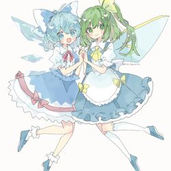  2girls alternate_costume apron ascot blue_bow blue_eyes blue_hair blush bow cirno closed_mouth commentary_request daiyousei detached_wings fairy fairy_wings fang green_eyes green_hair hair_bow heart highres holding_hands ice ice_wings interlocked_fingers kneehighs long_hair looking_at_viewer multiple_girls open_mouth puffy_short_sleeves puffy_sleeves rio_(zdhg3425) shoes short_sleeves side_ponytail smile socks touhou twitter_username waist_apron white_apron white_socks wings yellow_ascot yellow_bow 