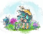  2girls azito7 backpack bag bent_over blue_dress bow cirno dress flower frog green_eyes green_hair hair_bobbles hair_bow hair_ornament hat ice ice_wings kawashiro_nitori leaf_umbrella multiple_girls pigeon-toed rain rubber_boots smile snail touhou twintails umbrella wings 
