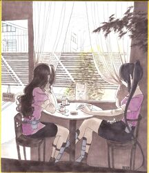  2girls ashigara_(kancolle) black_hair black_skirt breasts cb839 chair cigarette commentary_request cup curtains hairband hand_on_own_cheek hand_on_own_face highres holding holding_cigarette indoors kantai_collection long_hair menu multiple_girls nachi_(kancolle) pantyhose side_ponytail sign sitting skirt smoke smoking table traditional_media very_long_hair white_pantyhose window 