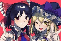  2girls ascot black_hat blonde_hair blue_ascot bow braid frilled_bow frills hair_bow hair_tubes hakurei_reimu hat highres index_finger_raised kirisame_marisa looking_at_viewer mendako_(mendaco_e) multiple_girls one_eye_closed open_mouth red_background red_shirt shirt side_braid sidelocks simple_background smile touhou v violet_eyes witch_hat yellow_eyes 