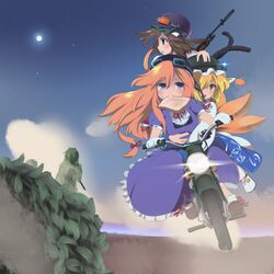  bicycle blonde_hair brown_eyes brown_hair chen fox_tail ghillie_suit goggles gun hakomugi helmet highres long_hair motor_vehicle motorcycle mouth_hold multiple_girls purple_eyes riding rifle short_hair sniper tail toast toast_in_mouth touhou vehicle violet_eyes weapon when_you_see_it yakumo_ran yakumo_yukari yellow_eyes 