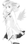  1girl aria_(vocaloid) blush booota detached_wings gumi monochrome short_dress short_hair simple_background solo vocaloid wings 