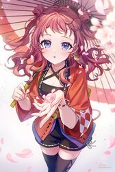  1girl :o black_shorts black_thighhighs blurry blush brown_hair cherry_blossoms commentary depth_of_field falling_petals gakuen_idolmaster hanami_saki highres holding holding_umbrella idolmaster iku2727 kamurogiku_(idolmaster) long_hair looking_at_viewer oil-paper_umbrella petals red_happi sash shorts solo thigh-highs two_side_up umbrella violet_eyes yellow_sash 
