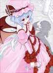 blush colored colored_pencil_(medium) cup demon_wings dress fingernails frilled_dress frills from_above hat highres licking nail_polish onomachi_(ted) pink_dress red_eyes remilia_scarlet sakino_shingetsu shadow sharp_fingernails sharp_nails short_hair tongue touhou traditional_media wine_glass wings 